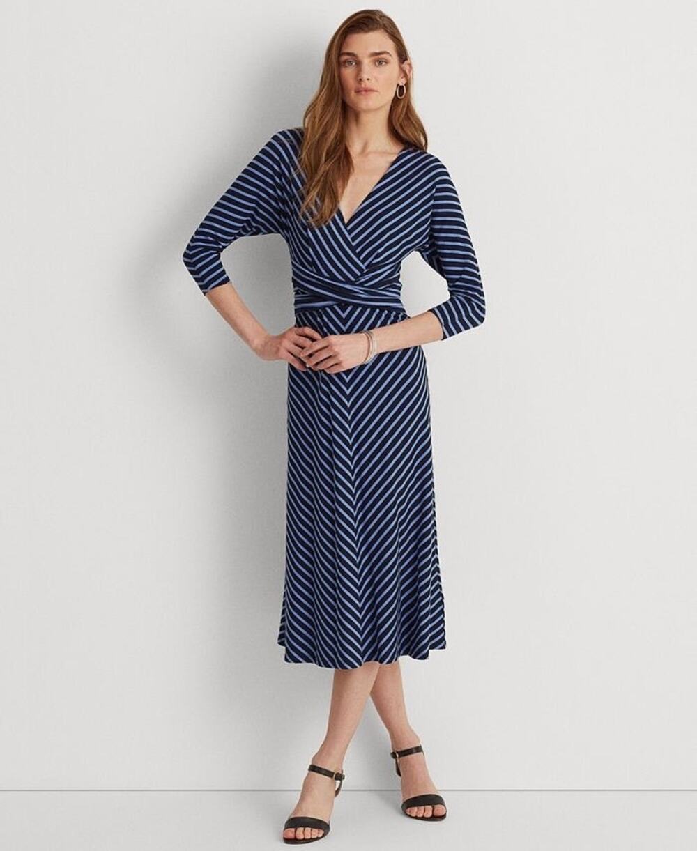 Lauren Ralph Lauren Navy Striped V Beck Midi Dress Size 14
